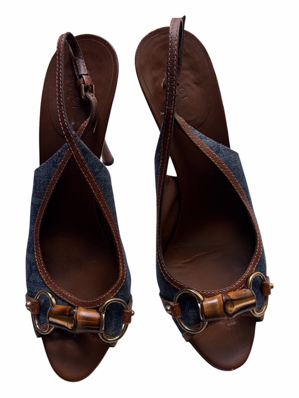 Gucci Brown and Blue Denim Slingback Heels with Bamboo Hardware